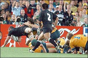 New Zealand's Rueben Thorne leaps over to score a try 