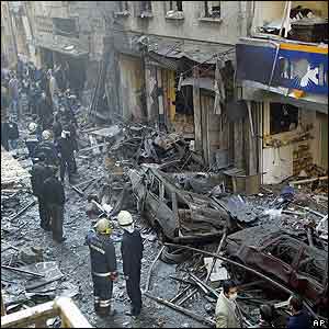 Debris in street after Neve Shalom synagogue blast