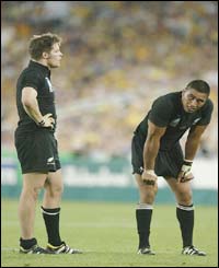 Richie McCaw and Jerry Collins of New Zealand show their despair during the game