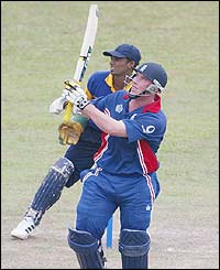 England's Ian Blackwell hits the ball to the boundary