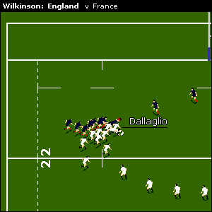 Dallaglio is on hand to sweep the ball up as England are roared towards the French tryline. He's brought down and the ball spills out left where Thompson arrives and takes it on with support from Phil