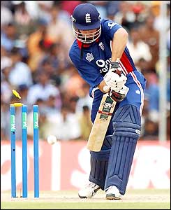 Michael Vaughan is bowled 