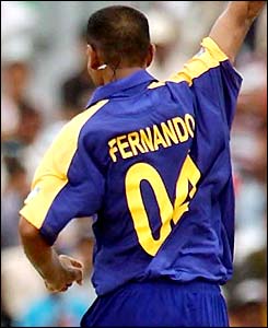 Dinusha Fernando celebrates his second wicket, that of Michael Vaughan