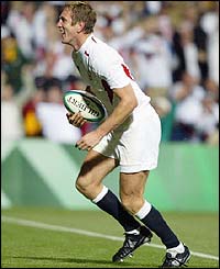 Will Greenwood celebrates scoring for England against South Africa