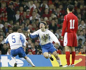 Evseev celebrates his away goal