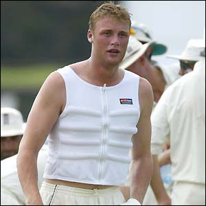 All-rounder Andrew Flintoff resorts to wearing an ice vest in an effort to cool down