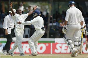 Sri Lanka's Sanath Jayasuriya celebrates bowling Marcus Trescothick