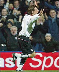 Facundo Sava celebrates scoring the winner for Fulham against Bolton