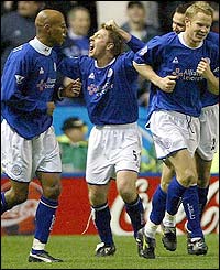 Craig Hignett celebrates his last minute equaliser against Arsenal