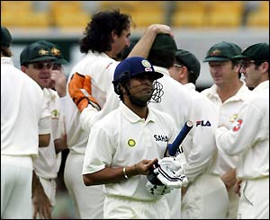 India's Sachin Tendulkar heads to the pavilion after being dismissed 