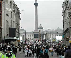 Fans leave Trafalgar Square after the celebration