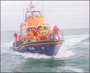 The RNLB Christopher Pearce arrives at Holyhead. It is the second lifeboat in north Wales financed by bequests from two brothers.