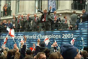 England coach Clive Woodward salutes the fans