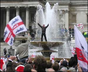 Celebrations in the fountains of Trafalgar Square