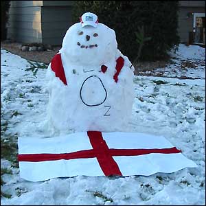 Mat and Suzy create a rugby playing snowman