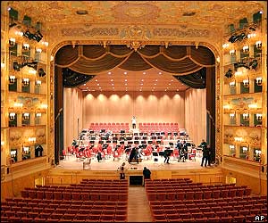 Spectacular view of the stage and seating of Venice's La Fenice opera house 