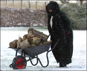Woman gathers firewood in a wheelbarrow after snow in Scotland