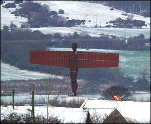 Angel of the North in snowy landscape