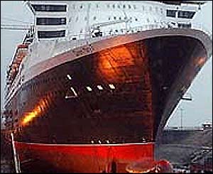 The Queen Mary 2 in dry dock in Saint Nazaire, France