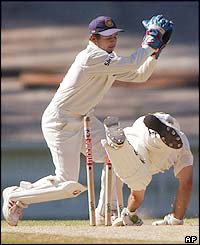 Australia's Ricky Ponting is stumped by Parthiv Patel off the bowling of Anil Kumble