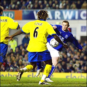 Wayne Rooney pounces to score the only goal of the game at Goodison Park