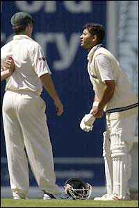Steve Waugh checks on Sourav Ganguly after the India skipper is struck on the elbow 