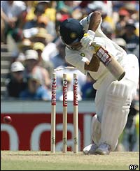 Akash Chopra is bowled for 45 by Australian paceman Brett Lee