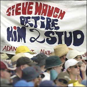 The crowd at the SCG hold aloft a banner saying 'Steve Waugh retire him to stud'