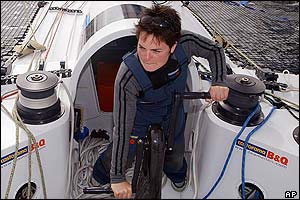 Ellen MacArthur works a grinder during testing of her new boat