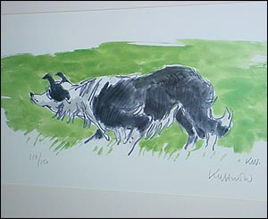 A reproduction of Mot the Sheepdog by Sir Kyffin Williams