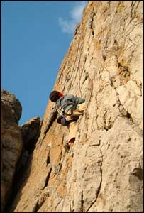 Alison Brock's 10-year-old son Callum climbing near St Govan's in Pembrokeshire 