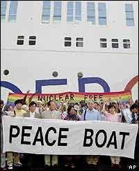 Members of Peace Boat and the delegates of the World Social Forum (WSF) conference arrive at Bombay port
