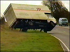 Lorry being blown over by storm-force winds