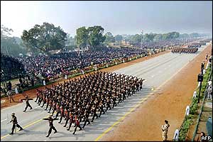 Soldiers march down Rajpath in Delhi's colonial centre, designed by British architect Edwin Lutyens
