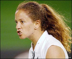 Patty Schnyder reacts after missing a shot