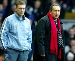 Everton boss David Moyes and Liverpool manager Gerard Houllier