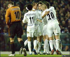 Leeds celebrate Dominic Matteo scoring their second goal