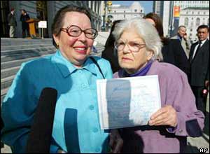 Phyllis Lyon (L) and Del Martin (R) hold up their marriage certificate 