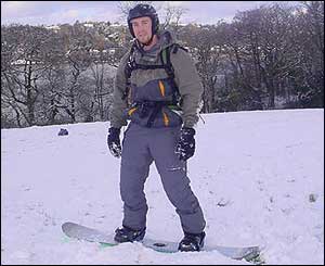 Bangor University student Jon Ingle kitted out in his snowboarding gear