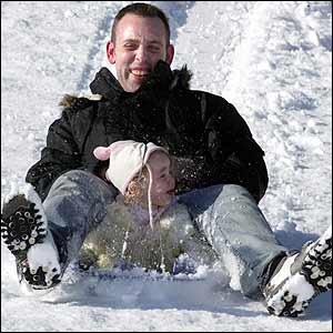 Father and daughter go sledging
