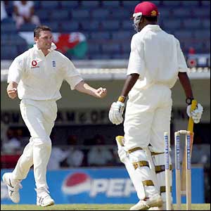 Steve Harmison celebrates taking the wicket of Chris Gayle