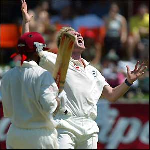 Matthew Hoggard claims the wicket of Ramnaresh Sarwan