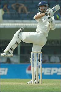 Michael Vaughan pulls a Fidel Edwards delivery towards the boundary