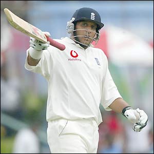 Mark Butcher celebrates reaching his half century at Sabina Park