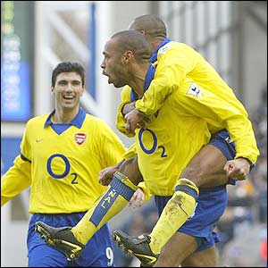 Arsenal's Thierry Henry celebrates the opening goal at Ewood Park 