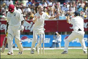 Brian Lara is dismissed by Matthew Hoggard
