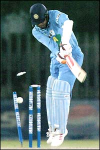 Virender Sehwag is bowled by Shoaib Akhtar