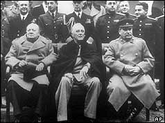 Churchill, Roosevelt and Stalin with others behind