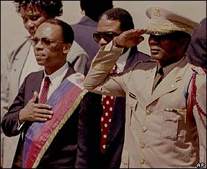 Aristide with military leader Jean-Claude Duperval on return to Haiti, Oct 1994