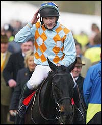 Robert Widger celebrates his win on the favourite Native Emperor